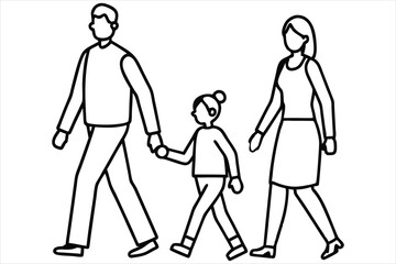 Minimalist family line art of father, mother, and child walking