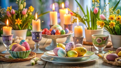 Easter Table Setting with Candles and Decorated Eggs