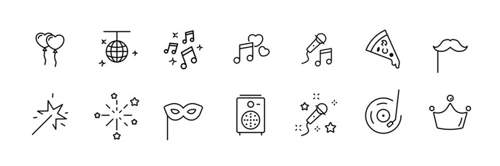 Party and celebration icon set: linear style for festive occasions and events