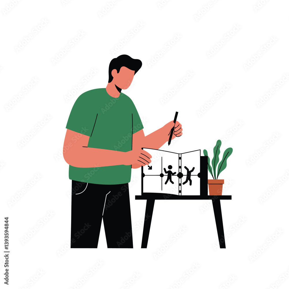 Aufkleber artist sketching two frames of a character design in flat vector art style
