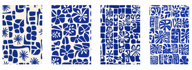Seamless Blue and White Flower Shapes Background - Vector pattern set illustration