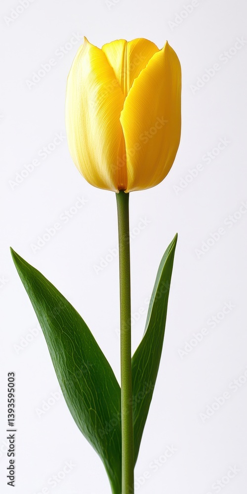 Aufkleber closeup of a single yellow tulip with dew drops on a white background showing delicate petals and gr