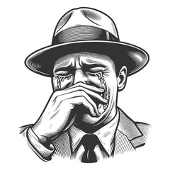 man in a fedora hat and tie, crying with tears streaming down his face sketch engraving generative ai fictional character vector illustration. Scratch board imitation. Black and white image.