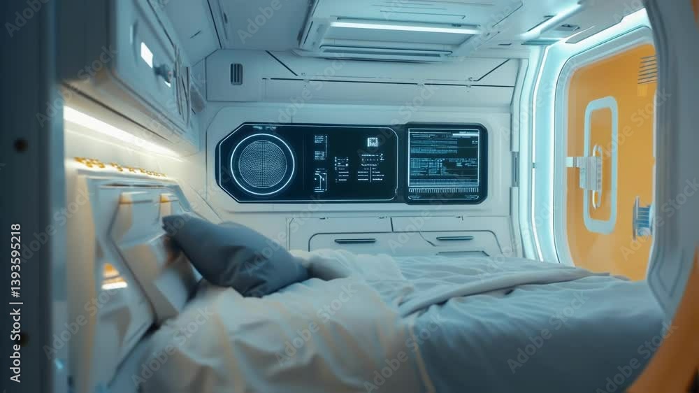 Poster futuristic spaceship cabin interior gradually rotating, revealing minimalist resting area featuring 