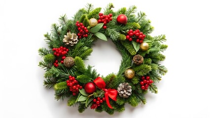 Christmas Wreath with Berries, Cones, and Ornaments