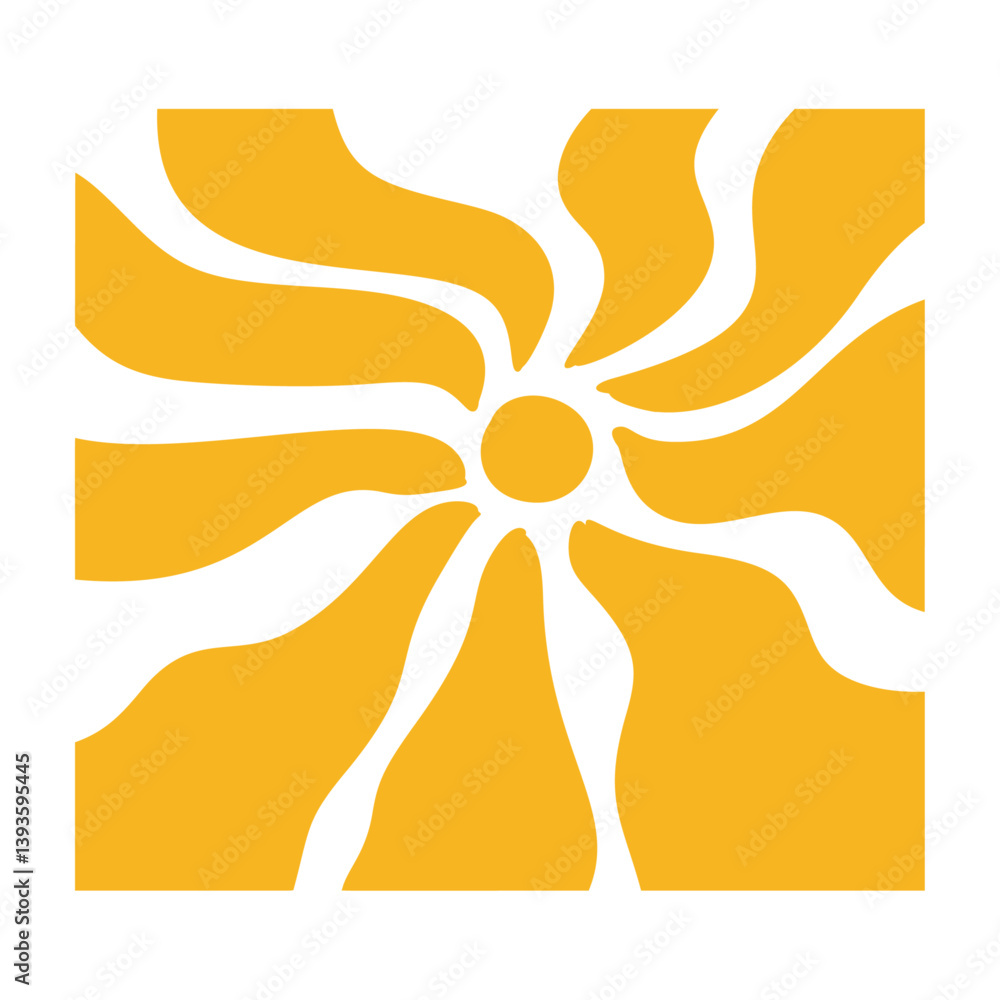 Poster sun groovy radial in 70s psychedelic style. retro sunshine burst with abstract wave rays. flat vecto