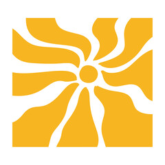 Sun groovy radial in 70s psychedelic style. Retro sunshine burst with abstract wave rays. Flat vector illustration isolated on white background.