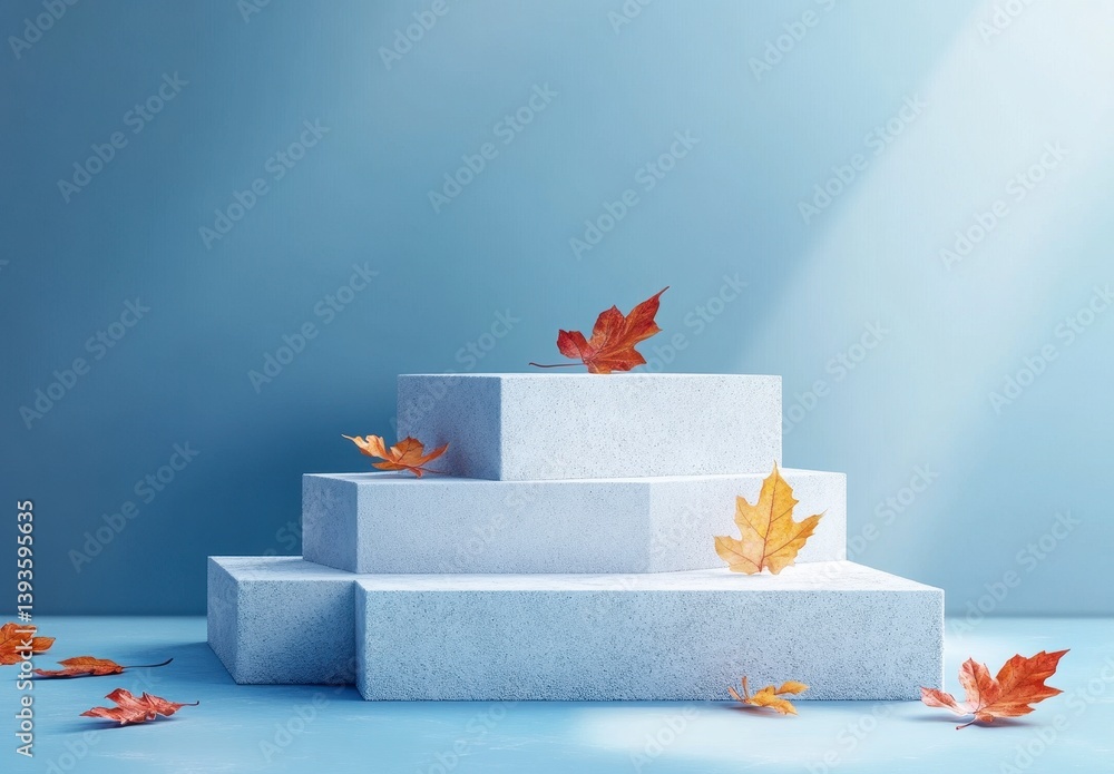 Poster three level white block podium with scattered autumn leaves against a pale blue wall in a studio set
