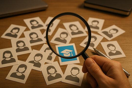Magnifying candidate selection focusing on education highlighting recruitment process with magnifier and paper avatars on office desk