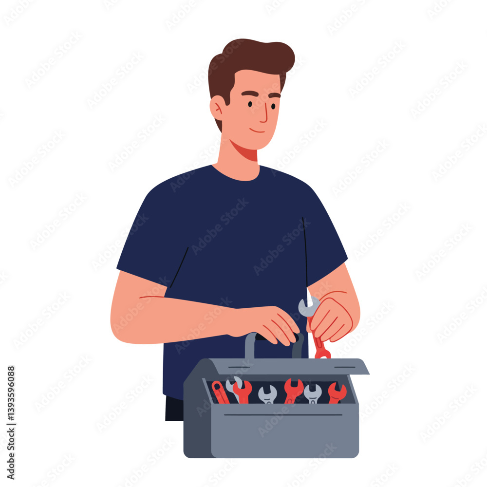 Poster man using tools from a toolbox in flat vector art style