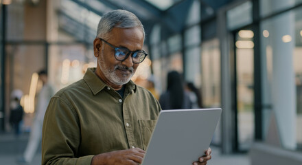 Obraz premium Mature asian male using laptop indoors at modern workspace