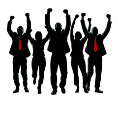 Silhouette of a group of business people celebrating with raised hands isolated on a transparent background
