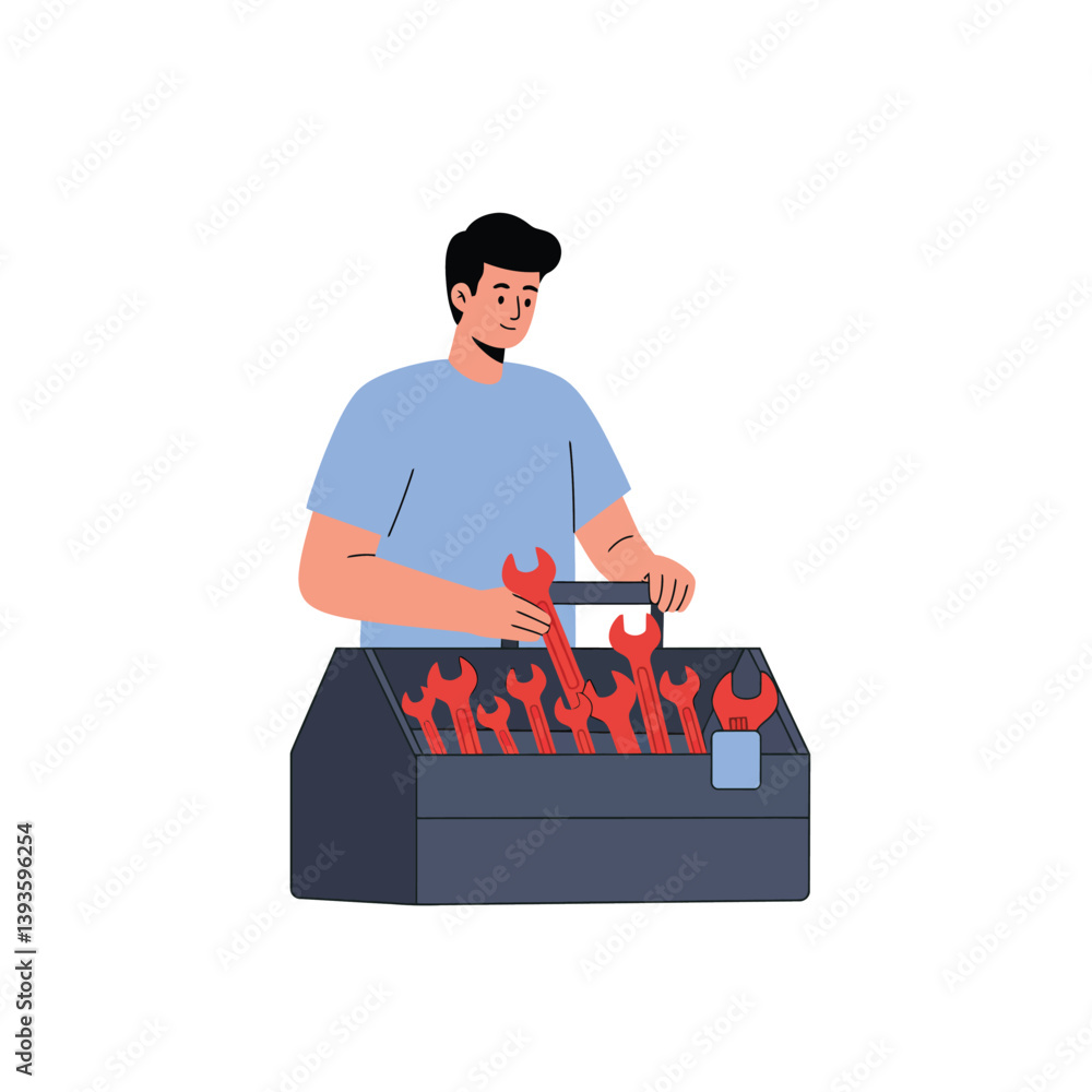 Aufkleber person organizing tools in a toolbox with flat design vector art