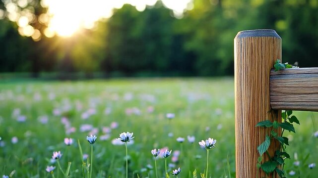 Serene wooden fence post in a vibrant flower field during sunset with soft sunlight