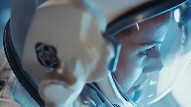 Professional astronaut wearing spacesuit exploring universe during space mission looking around in spaceship, digital data reflected on helmet visor