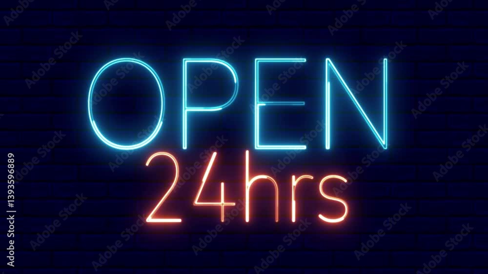 Poster open 24hrs neon sign. open 24 hrs text font with light. luminous and shimmering haze inside the lett