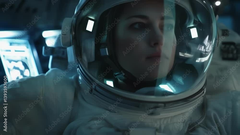Poster professional female astronaut wearing protective spacesuit and helmet working inside spacecraft cock