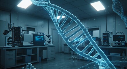 DNA hologram floating in futuristic diagnostics lab