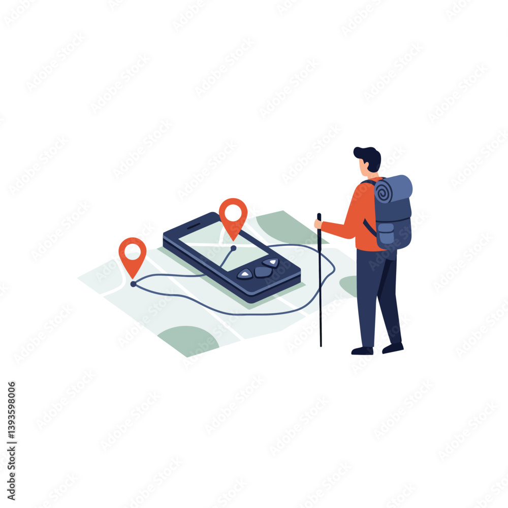 Poster hiker using smartphone for navigation with flat design vector illustration
