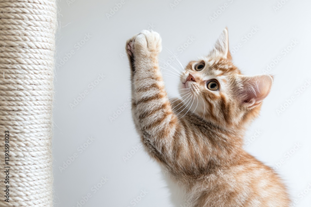 Poster fluffy kitten playfully raising paw against white background in minimal setup, showcasing adorable c