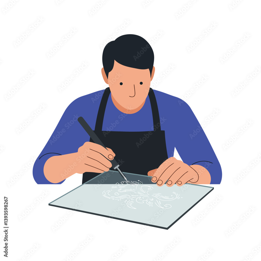 Aufkleber skilled artisan creating intricate designs in flat minimal vector art