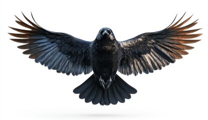 Naklejka premium Realistic Blackbird in Flight Detailed Closeup of a Black Bird with Spread Wings Against a White Background