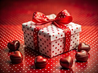 Obraz premium Charming Red Polka Dot Gift Box Filled with HeartShaped Chocolates A Sweet Valentines Day Treat