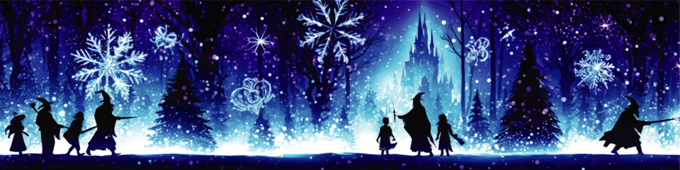 Magical Enchanted Winter Forest Scene with Silhouettes of Wizards and Children Snowflakes Mystical Fantasy Castle Background Dreamy Night Storybook Fairytale Art