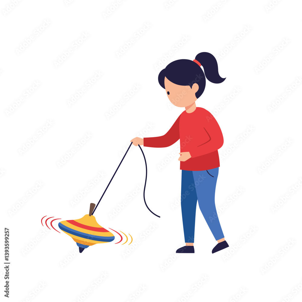 Poster child playing with a colorful spinning top in flat vector art style