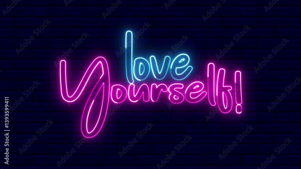 Poster love yourself text font with light. luminous and shimmering haze inside the letters of the text love
