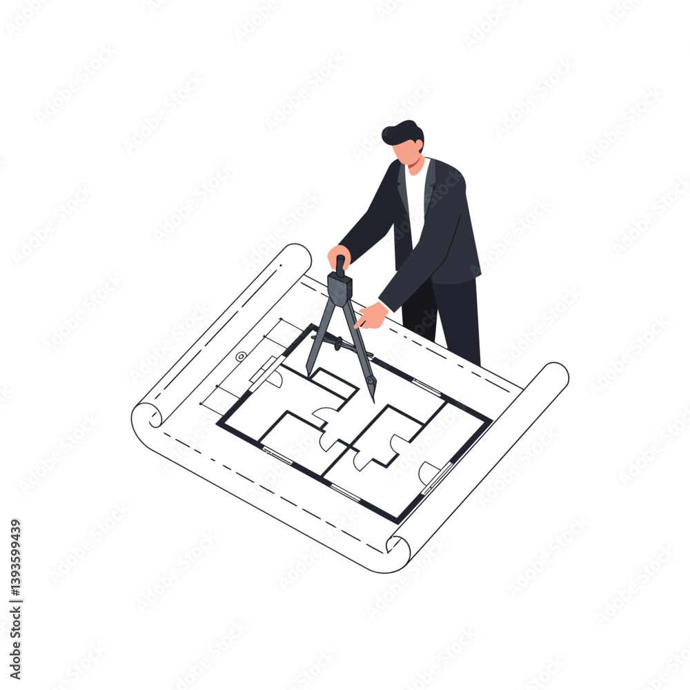 Poster architect using compass on blueprint in minimal flat design vector art