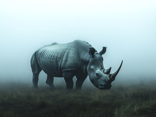 Fototapeta premium A majestic rhinoceros stands in a misty landscape, showcasing its strength and grace in a serene, mysterious environment.