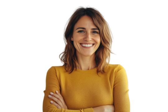 Portrait of 50 years old smiling woman looking at camera with crossed arms. Happy girl standing in creative office. Successful businesswoman standing