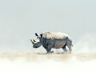 Fototapeta premium A majestic rhinoceros walks gracefully through a dusty terrain, showcasing its strength and unique features.