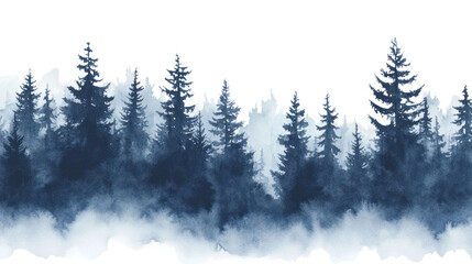 Misty Pine Forest Watercolor Illustration Isolated on Transparent Background