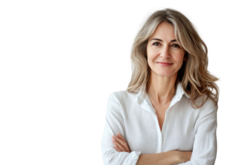 Portrait of 50 years old smiling woman looking at camera with crossed arms. Happy girl standing in creative office. Successful businesswoman standing