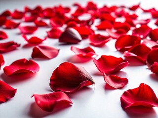 Fototapeta premium Delicate Red Rose Petals Scattered on a Pristine White Background A Study in Contrast and Beauty for Urban