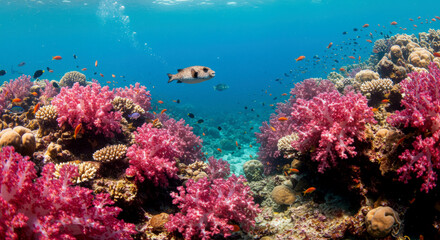 Fototapeta premium Vibrant underwater coral reef teeming with colorful sea life, coral reef, underwater, vibrant, colorful, marine life, fish