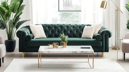 Elegant living room featuring a deep green velvet Chesterfield sofa decorated with cream cushions, paired with a modern marble coffee table, gold accents, and lush greenery in bright daylight