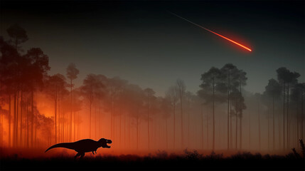 T-Rex silhouette facing falling meteor with dark gradient sky and symbolic visual tension
