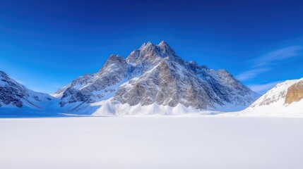 Fototapeta premium Majestic Mountain Range Snowy Peaks Dramatic Landscape High Definition Wide Angle View Imposing Summit Serene Winter Scene Vivid Blue Sky Breathtaking Calming Perfect for Nature Documentaries