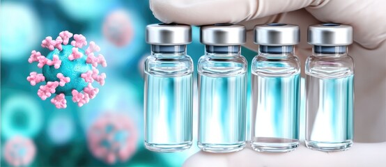 vaccine antibody trial concept. Medical vials with a virus illustration, symbolizing vaccination and healthcare advancements.