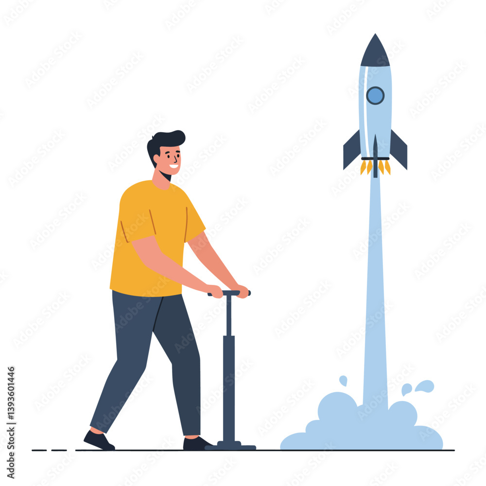 Aufkleber man using pump to launch rocket in flat style vector art