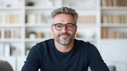 Obraz premium Man with glasses and gray hair, relaxed modern style, sharp focus natural light, portrait close-up view, subtle smile, bookshelf background, calm neutral tones, ideal for corporate profile