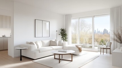 Modern, bright apartment living room with city views.  Open concept, minimalist design, featuring a sectional sofa, neutral color palette, and large windows showcasing a park view