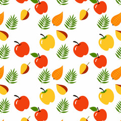 Dynamic Glossy Red and Yellow Apples with Lush Botanical Leaves Pattern