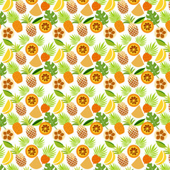 Dynamic Tropical Fruits, Lush Foliage, and Vibrant Floral Pattern Design