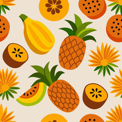 Striking Tropical Fruits and Flourishing Floral Pattern with Subtle Beige Backdrop