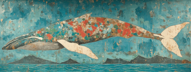 Beautiful Colorful Vector Illustration of Majestic Ocean Whale Swimming Gracefully with Vibrant Multicolor Abstract Patterns Against a Serene Island Seascape Background