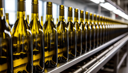 Wine Bottles on Bottling Line in a Factory Ready to Fill